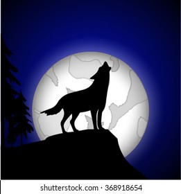 Silhouette of a wolf in the background of the moon.