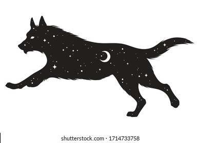 Silhouette of wolf with crescent moon and stars isolated. Sticker, print or tattoo design vector illustration. Pagan totem, wiccan familiar spirit art