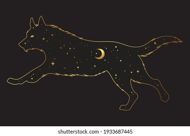 Silhouette of wolf with crescent moon and stars isolated. Sticker, print or tattoo design vector illustration. Pagan totem, wiccan familiar spirit art