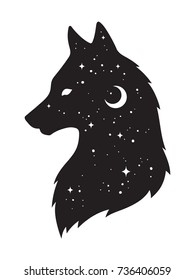 Silhouette of wolf with crescent moon and stars isolated. Sticker, black work, print or flash tattoo design vector illustration. Pagan totem, wiccan familiar spirit art.