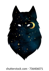 Silhouette of wolf with crescent moon and stars isolated. Sticker, print or tattoo design vector illustration. Pagan totem, wiccan familiar spirit art.