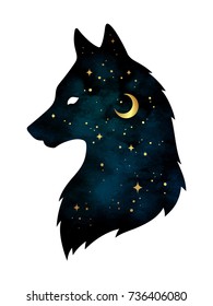 Silhouette of wolf with crescent moon and stars isolated. Sticker, print or tattoo design vector illustration. Pagan totem, wiccan familiar spirit art.