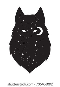 Silhouette of wolf with crescent moon and stars isolated. Sticker, black work, print or flash tattoo design vector illustration. Pagan totem, wiccan familiar spirit art.