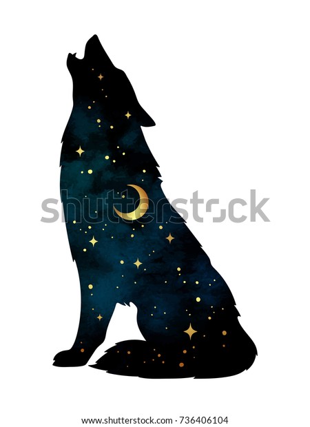 silhouette wolf crescent moon stars isolated stock vector royalty free 736406104