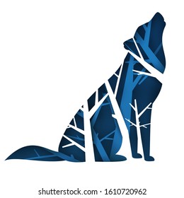 Silhouette of wolf or dog with tree branches isolated on white background in paper cut trendy craft cartoon style. Minimalistic creative modern design for branding cover, poster. Vector illustration.