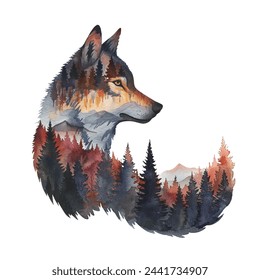 silhouette wolf with forest scene inside vector illustration in watercolour style