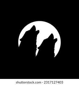 Silhouette of the Wolf Howled on the Full Moon Circle Shape, Moonlight, for Logo Type, Art Illustration, Pictogram or Graphic Design Element. Vector Illustration