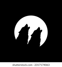Silhouette of the Wolf Howled on the Full Moon Circle Shape, Moonlight, for Logo Type, Art Illustration, Pictogram or Graphic Design Element. Vector Illustration