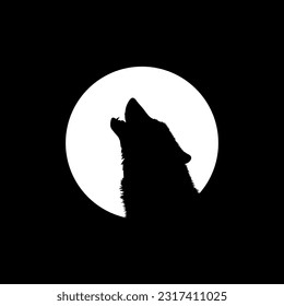 Silhouette of the Wolf Howled on the Full Moon Circle Shape, Moonlight, for Logo Type, Art Illustration, Pictogram or Graphic Design Element. Vector Illustration