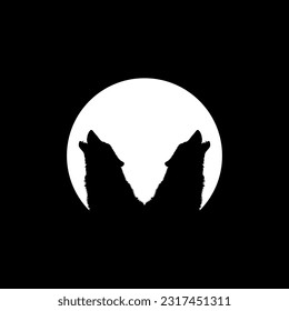 Silhouette of the Wolf Howled on the Full Moon Circle Shape, Moonlight, for Logo Type, Art Illustration, Pictogram or Graphic Design Element. Vector Illustration