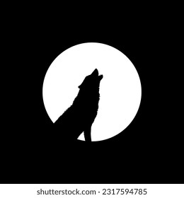 Silhouette of the Wolf Howled on the Full Moon Circle Shape, Moonlight, for Logo Type, Art Illustration, Pictogram or Graphic Design Element. Vector Illustration