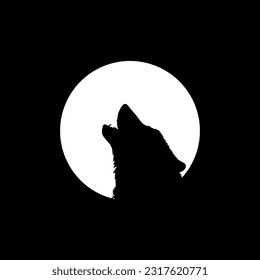 Silhouette of the Wolf Howled on the Full Moon Circle Shape, Moonlight, for Logo Type, Art Illustration, Pictogram or Graphic Design Element. Vector Illustration
