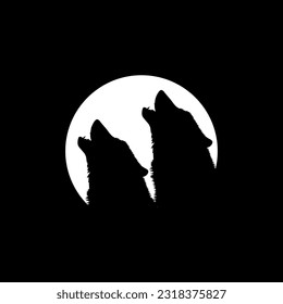 Silhouette of the Wolf Howled on the Full Moon Circle Shape, Moonlight, for Logo Type, Art Illustration, Pictogram or Graphic Design Element. Vector Illustration