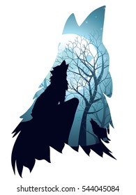 Silhouette of the wolf howling abstraction with night forest.