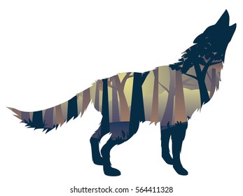 Silhouette of the wolf howling abstraction with night forest.