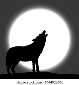 Silhouette of a wolf howling against a full moon. Vector illustration. 
