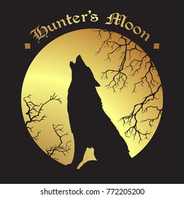 Silhouette of wolf howling at the full hunter's moon vector illustration. Pagan totem, wiccan familiar spirit art.