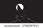 Silhouette of wolf howling at full moon on top of mountain. Night wild wolf mountain silhouette. Lunar animal nature vector.