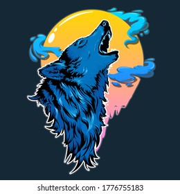 Silhouette of wolf howling at the full moon. Vector illustration.