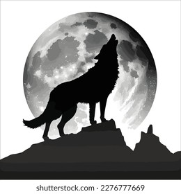 Silueta de lobo aúllando en la ilustración vectorial de luna llena. Tótem pagano, diseño vectorial de arte espiritual familiar de wiccan, aislado en fondo blanco.