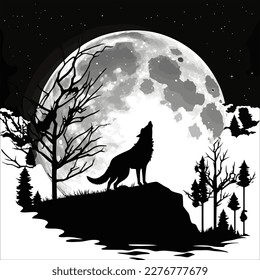 Silhouette of wolf howling at the full moon vector illustration. Pagan totem, wiccan familiar spirit art vector design, isolated in white background.