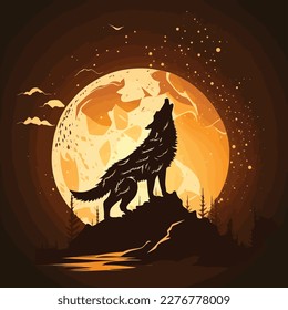 Silhouette of wolf howling at the full moon vector illustration. Pagan totem, wiccan familiar spirit art vector design, isolated background.