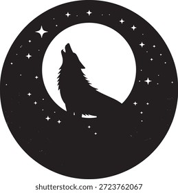 Silhueta de um lobo uivando na lua cheia cercada por estrelas dentro de um quadro circular, criando uma cena mística e mágica noturna.