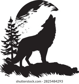 Silhouette of a wolf howling at the full moon in the forest vector illustration.