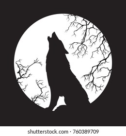 Silhouette of wolf howling at the full moon vector illustration. Pagan totem, wiccan familiar spirit art.