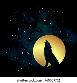 Silhouette of wolf howling at the full moon vector illustration. Pagan totem, wiccan familiar spirit art.