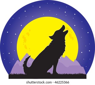 A silhouette of a wolf howling at a large yellow moon on a starry night