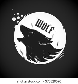 Silhouette of a wolf howling at the moon background. Vector black and white illustration.