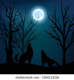 Silhouette of the wolf howling at the moon in the forest at night