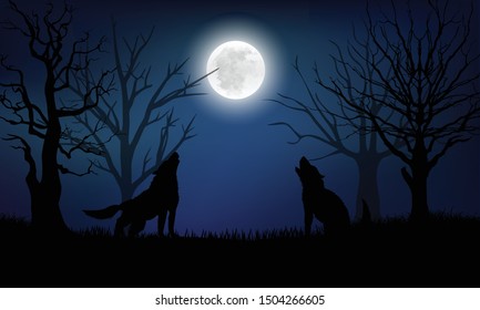 Silhouette of the wolf howling at the moon in the forest at night