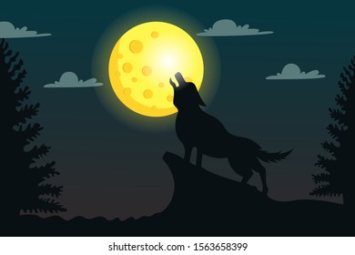 Silhouette of the wolf howling at the moon in the forest hill at night