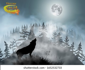 Silhouette of the wolf howling at the moon in the forest at night in front of the spooky hill inside the mist clouds. Vector illustration