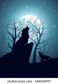 Silhouette of the wolf howling at the moon in the forest at night.