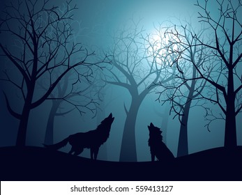 Silhouette of the wolf howling at the moon in the forest at night.