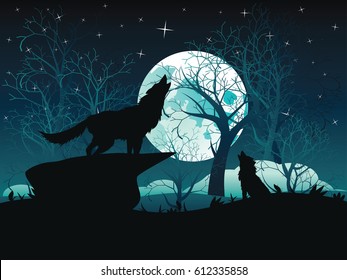 Silhouette of the wolf howling at the moon in the forest at night.