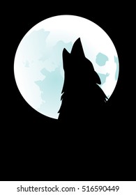 Silhouette of the wolf howling at the moon in the midnight.