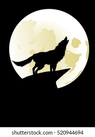 Silhouette of the wolf howling at the moon in the midnight.