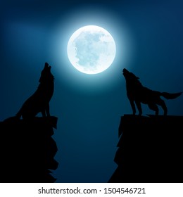 Silhouette of the wolf howling at the moon at night. Vector illustration