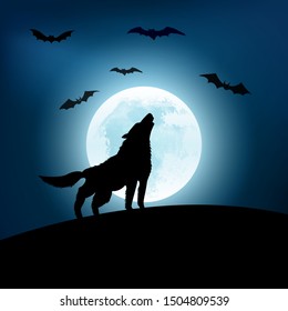 Silhouette of the wolf howling at the moon at night. Vector illustration