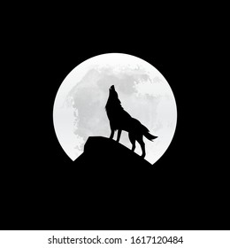 Silhouette Of The Wolf Howling At The Moon At Night. Vector Illustration