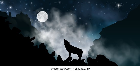 Silhouette of the wolf howling at the moon at night in front of the mountains inside the mist clouds. Vector illustration of the rock landscape.