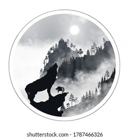 Silhouette of the wolf howling at the moon at night (or sun at early  morning) in front of the mountains inside the beautiful fog clouds. Hight detailed realistic black and white vector illustration.
