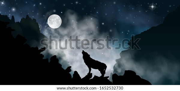 霧雲の中の山の前で夜 月に向かって遠吠えする狼の影 岩の風景のベクターイラスト のベクター画像素材 ロイヤリティフリー