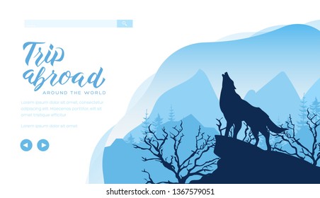 Silhouette of wolf howling to the moon on rock. Night landscape with cliff, trees and animal in blue colours. Vector design, template for zoology, travel, mystic projects. Place for text, copy space.