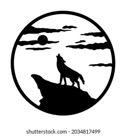 Silhouette of wolf howling at moon on mountain. Landscape in circle. The illustration is isolated on white background. The Vector logo wolf for T-shirt design or outwear.