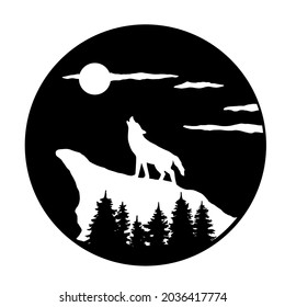 Silhouette of wolf howling at moon on mountain with pine trees . Landscape in circle. The illustration is isolated on white background. The Vector logo wolf for T-shirt design or outwear.